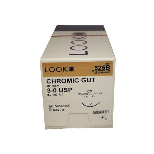 Look X525B Chromic Gut Sutures Reverse Cutting 3-0 18″ C6 3/8 Circle 12/Pk