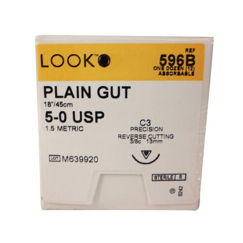 Look 596B Plain Gut Absorbable Reverse Cutting Sutures C3 3/8 Circle 5-0 18″ 12P
