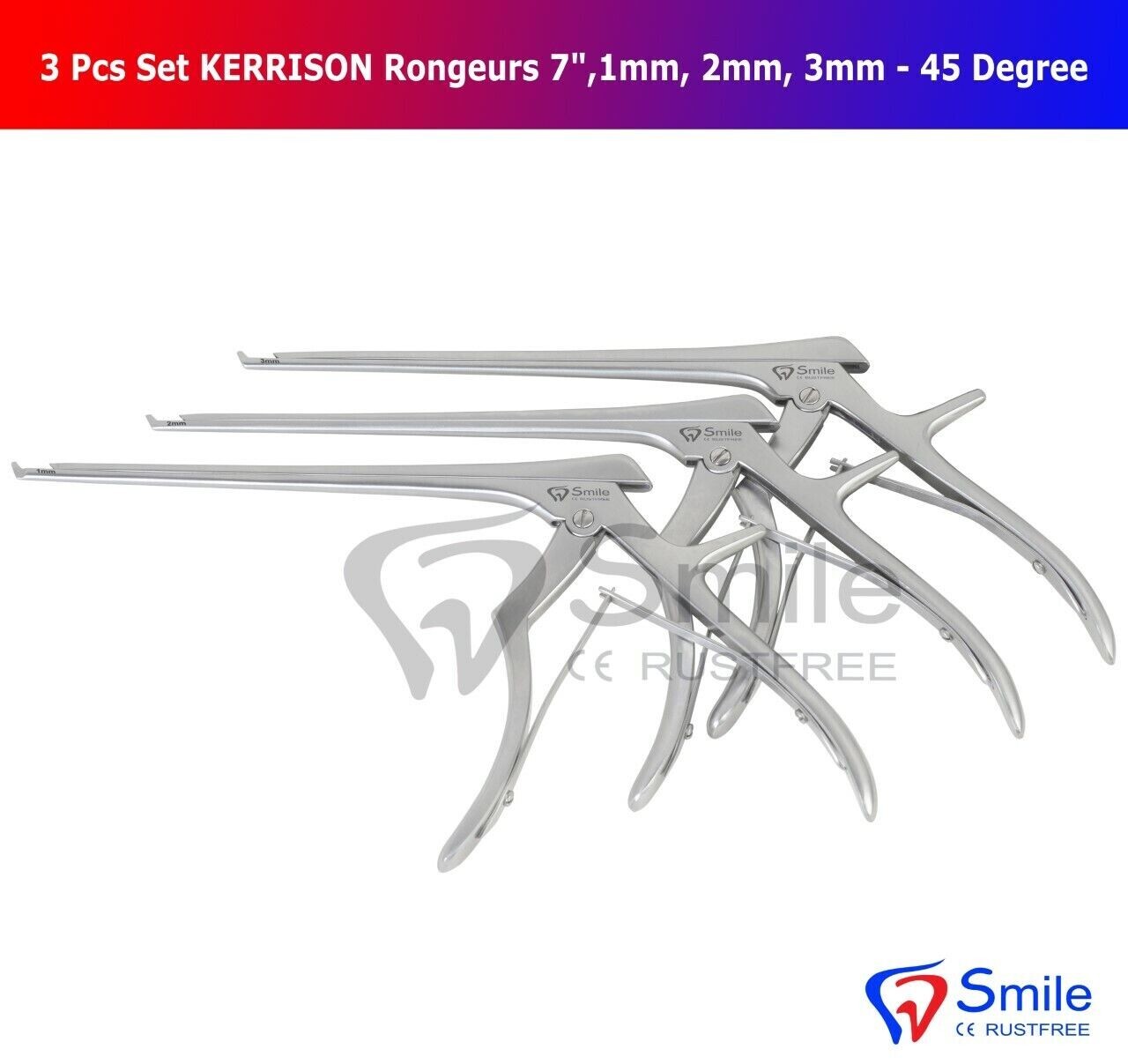 3 Pcs Kerrison Rongeurs 7″ (1mm 2mm 3mm) 45° Up Bite Neuro Spine Shanzi Usa