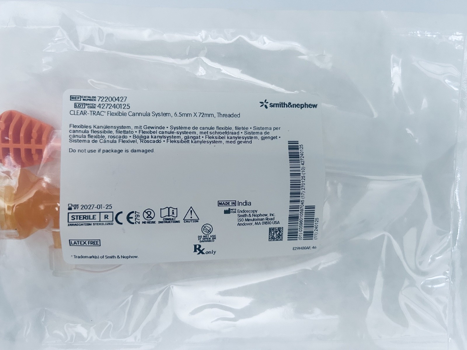 Smith & Nephew CLEAR-TRAC Flexible Cannula System 6.5mm x 72mm 72200427 NEW