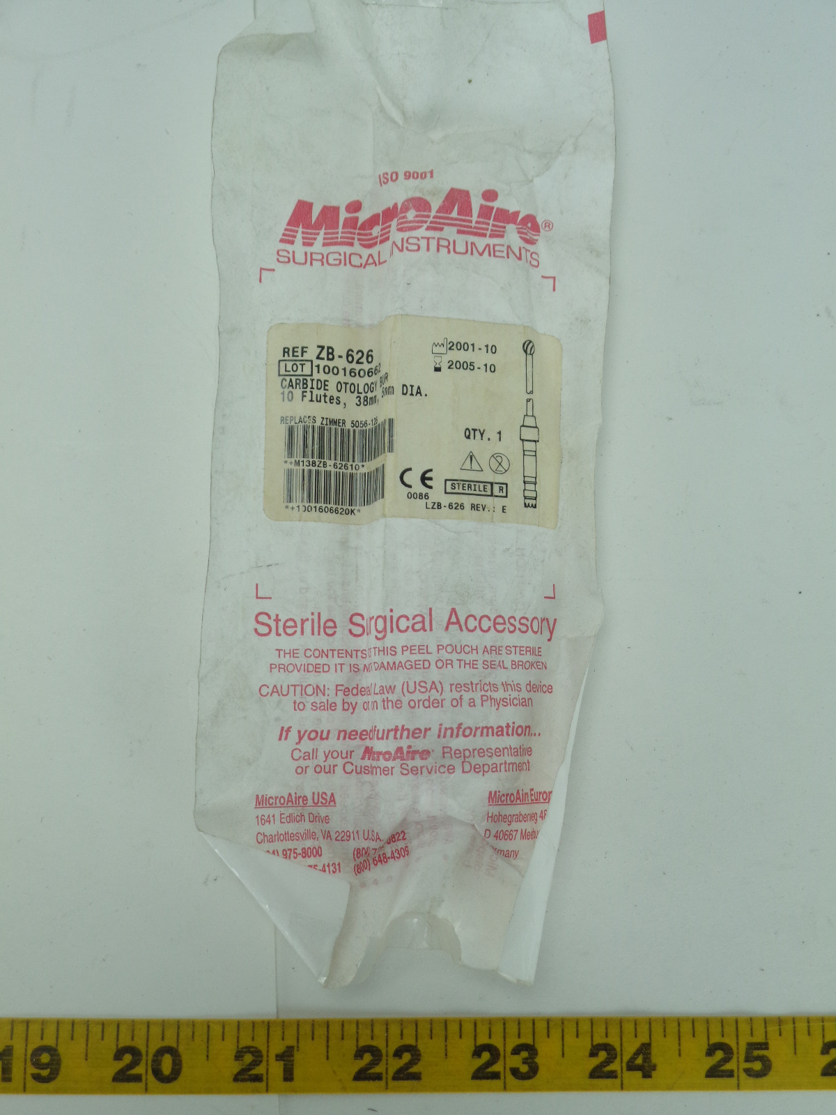 MicroAire Surgical Instruments ZB-626 Carbide Otology Bur 10 Flute 38 5 mm SKUAT