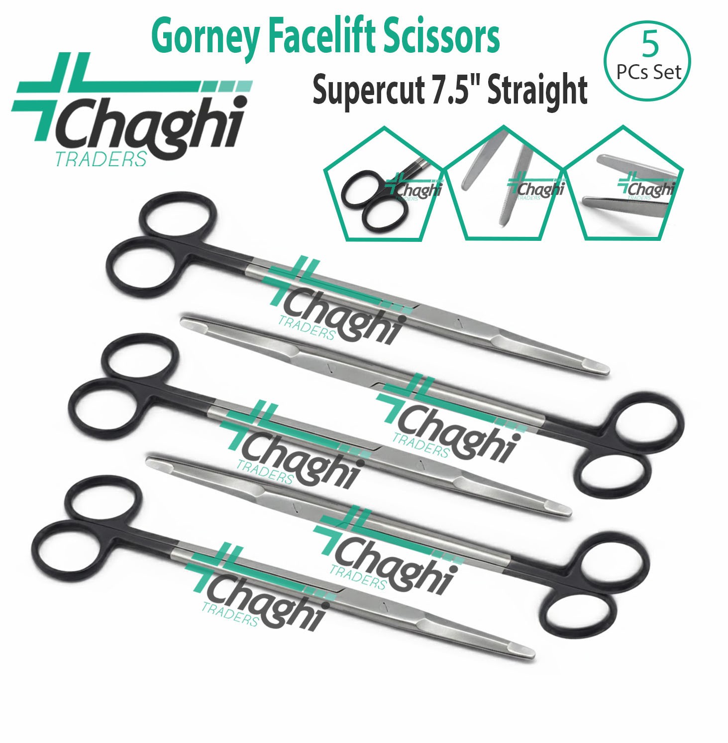 Gorney Facelift Scissors Supercut 7.5″ Straight Plastic Surgery 5 PCs Set Chaghi