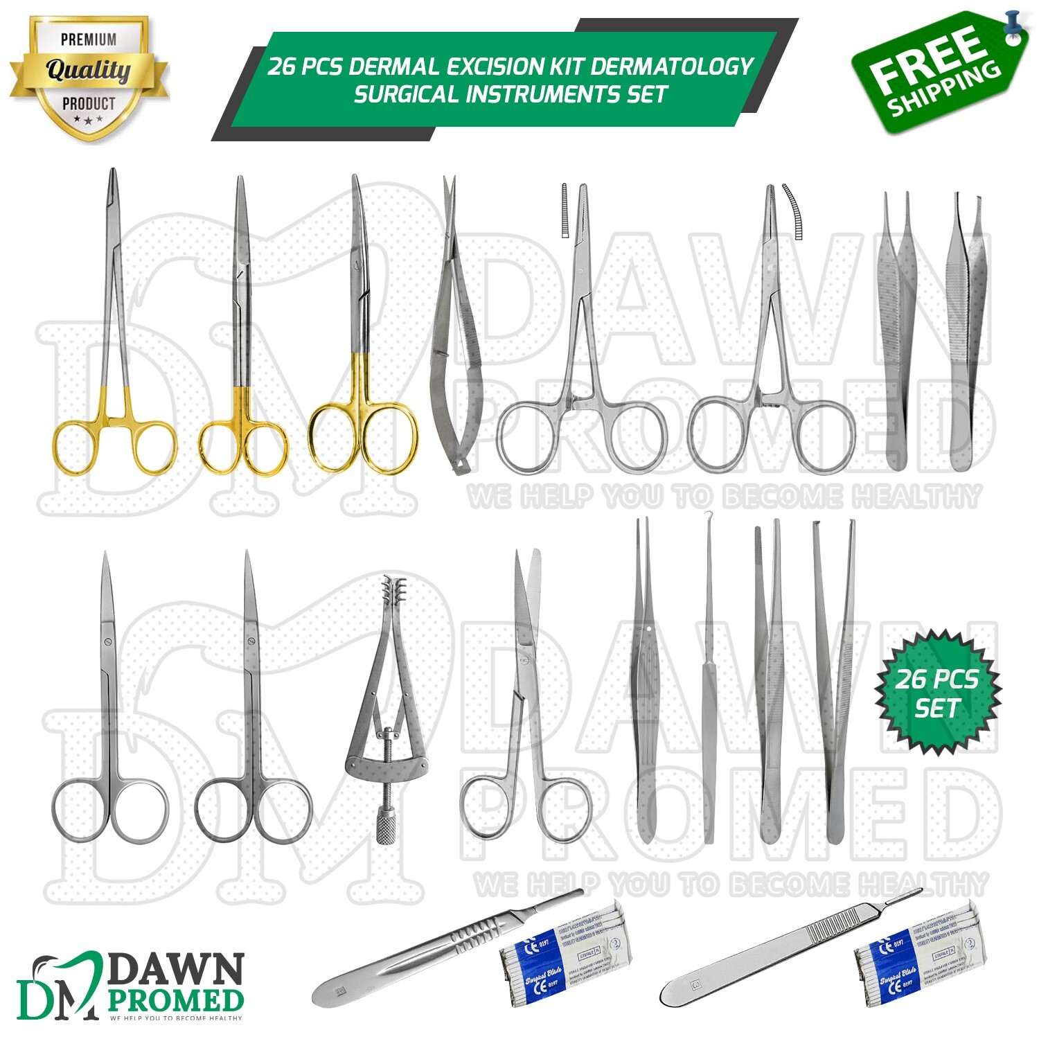 26 Pcs Dermal Excision Kit Dermatology Surgical Instruments Set German Grade