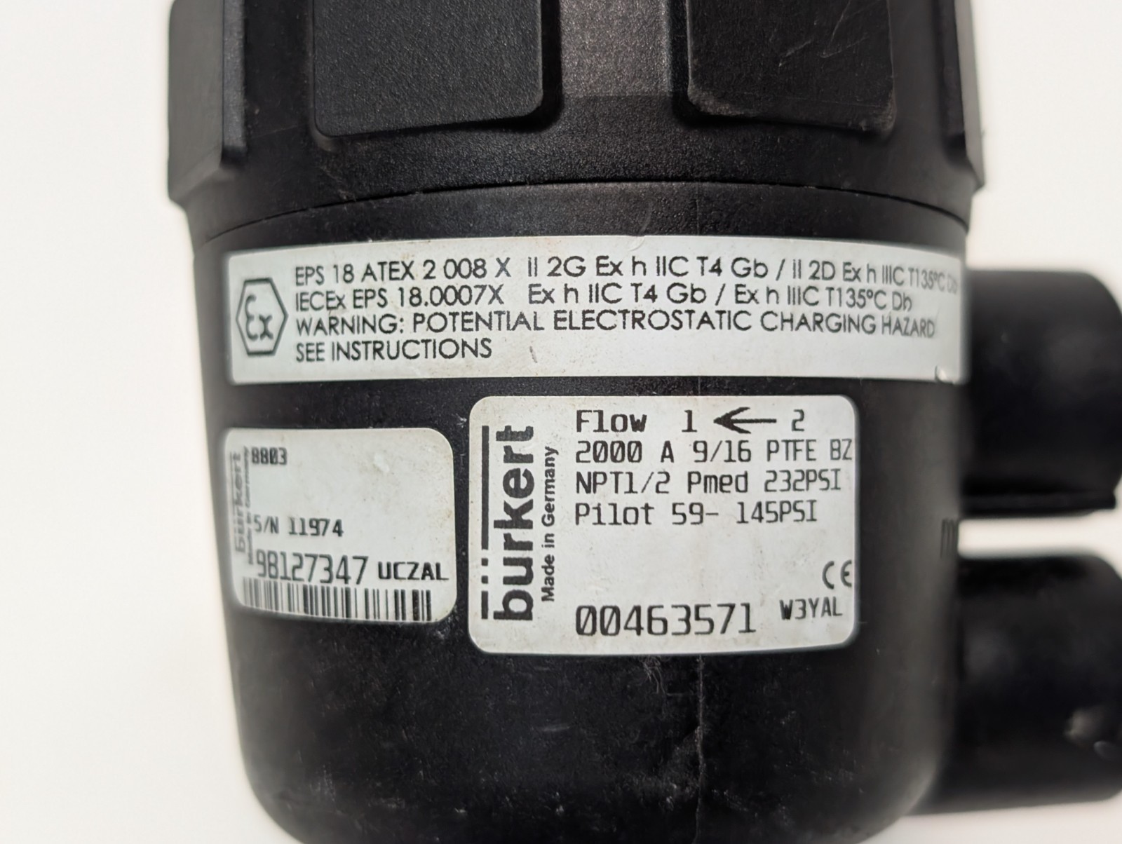 Bürkert Type 2000 pneumatic angle seat valve, 00463571, 9/16 PTFE, 59-145PSI
