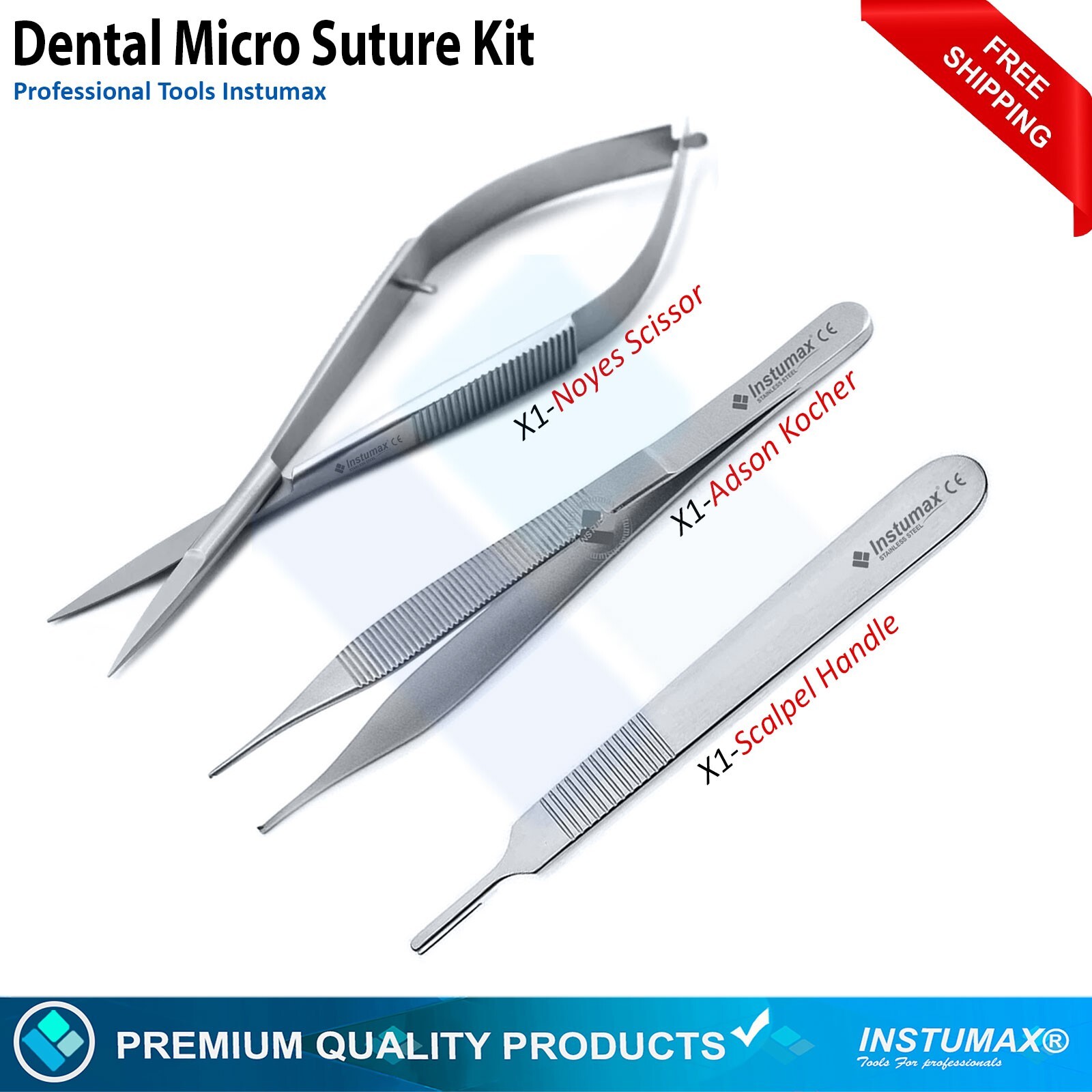 Dental Micro Suture Kit 3Pcs Surgical Noyes Scissors Adson Tweezers Scalpel CE