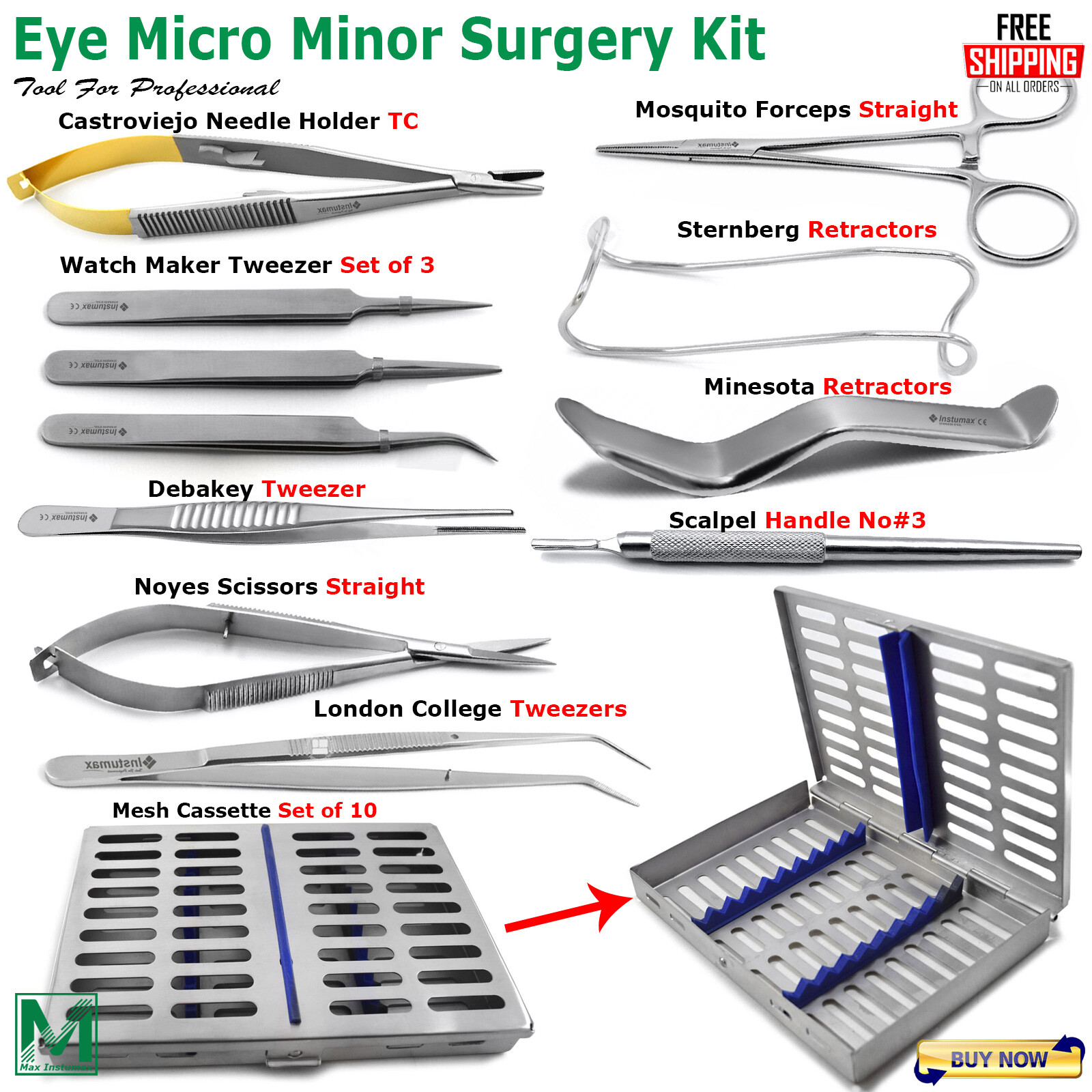 12 PC EYE MICRO MINOR SURGERY SURGICAL OPTHALMIC INSTRUMENT STUDENT SET KIT