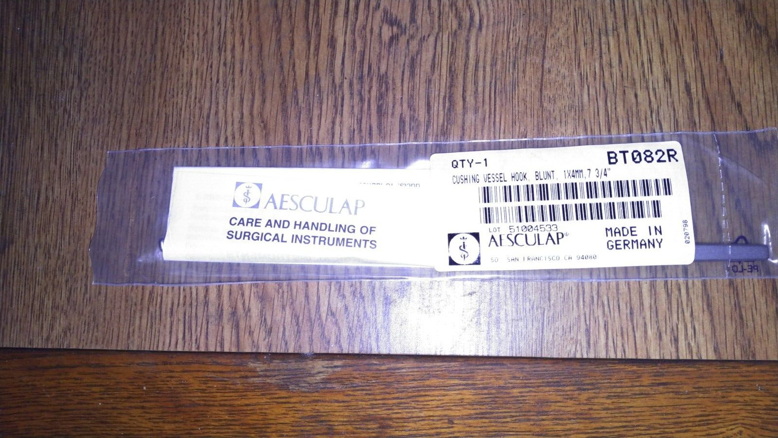 Aesculap Surgical Orthopedic 7 3/4″ 1x4mm Cushing Vessel Hook BT082R NEW
