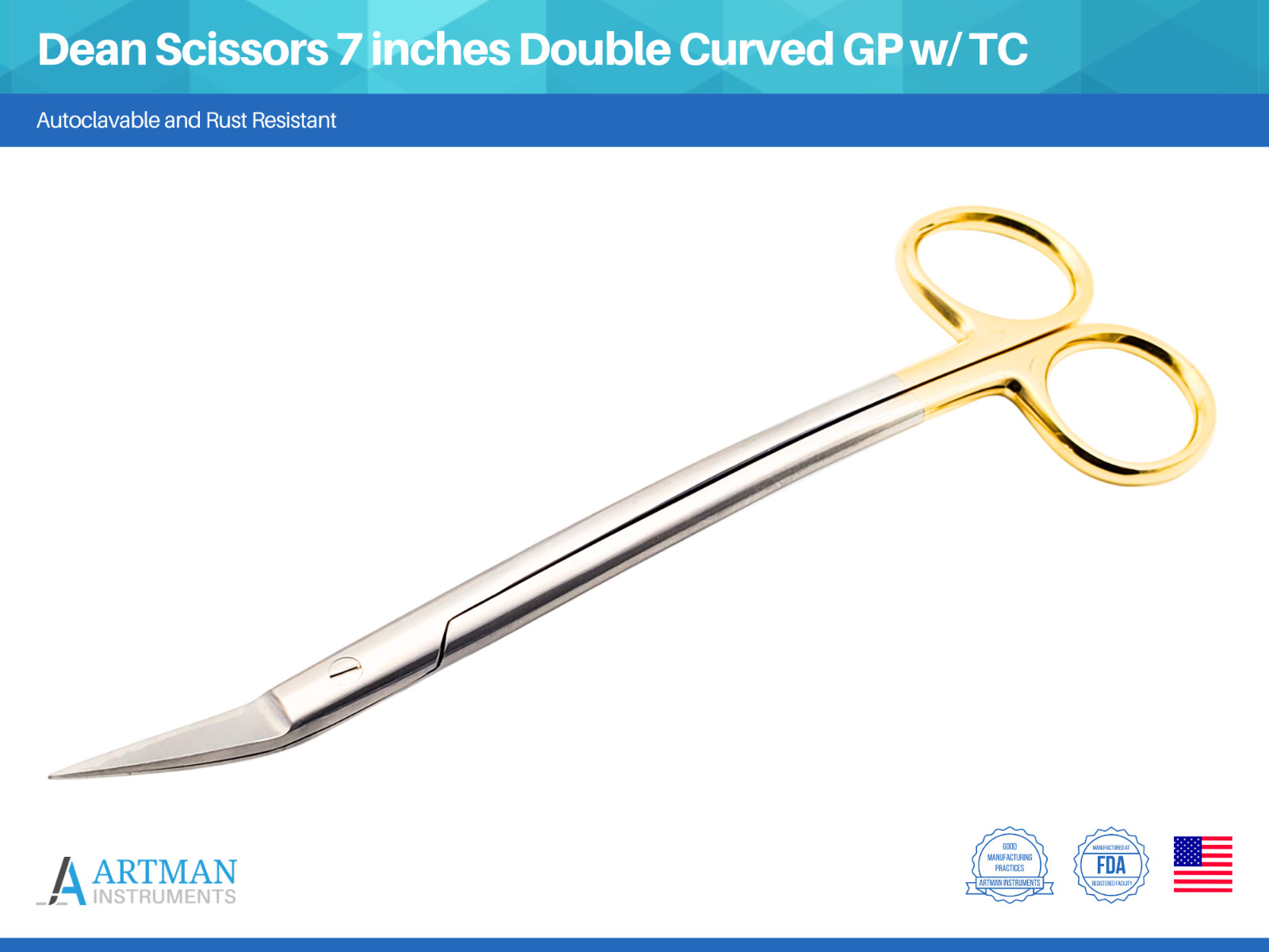 Dean Scissors 7″ Double Curved Gold Plated With Tungsten Carbide Inserts ARTMAN