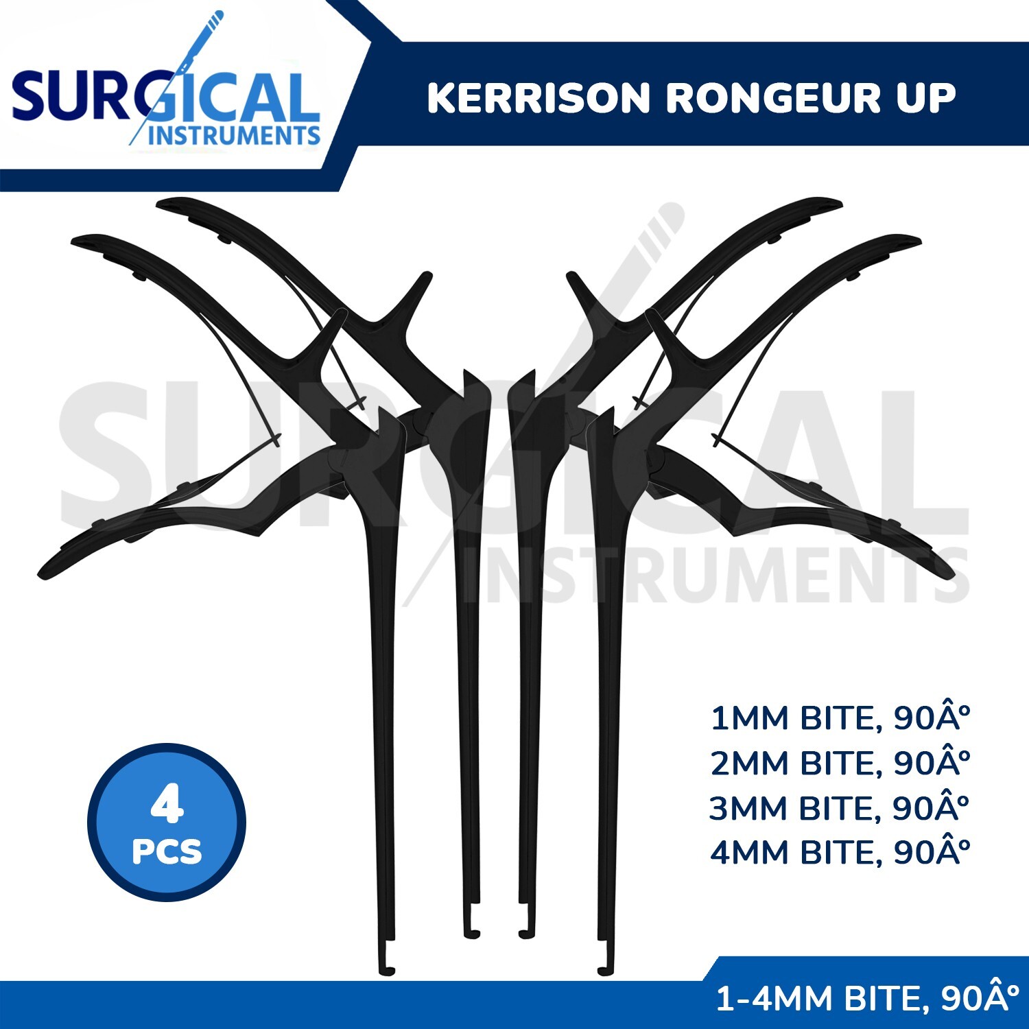 4 Pcs Kerrison Rongeurs 6″ Black (1, 2, 3, 4mm) 90 Degree Up Cervical German Gr