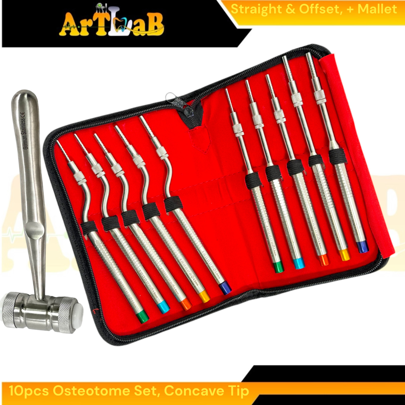 Implant Graft Concave Osteotome Kit of 10pcs with Hammer & Storage Case