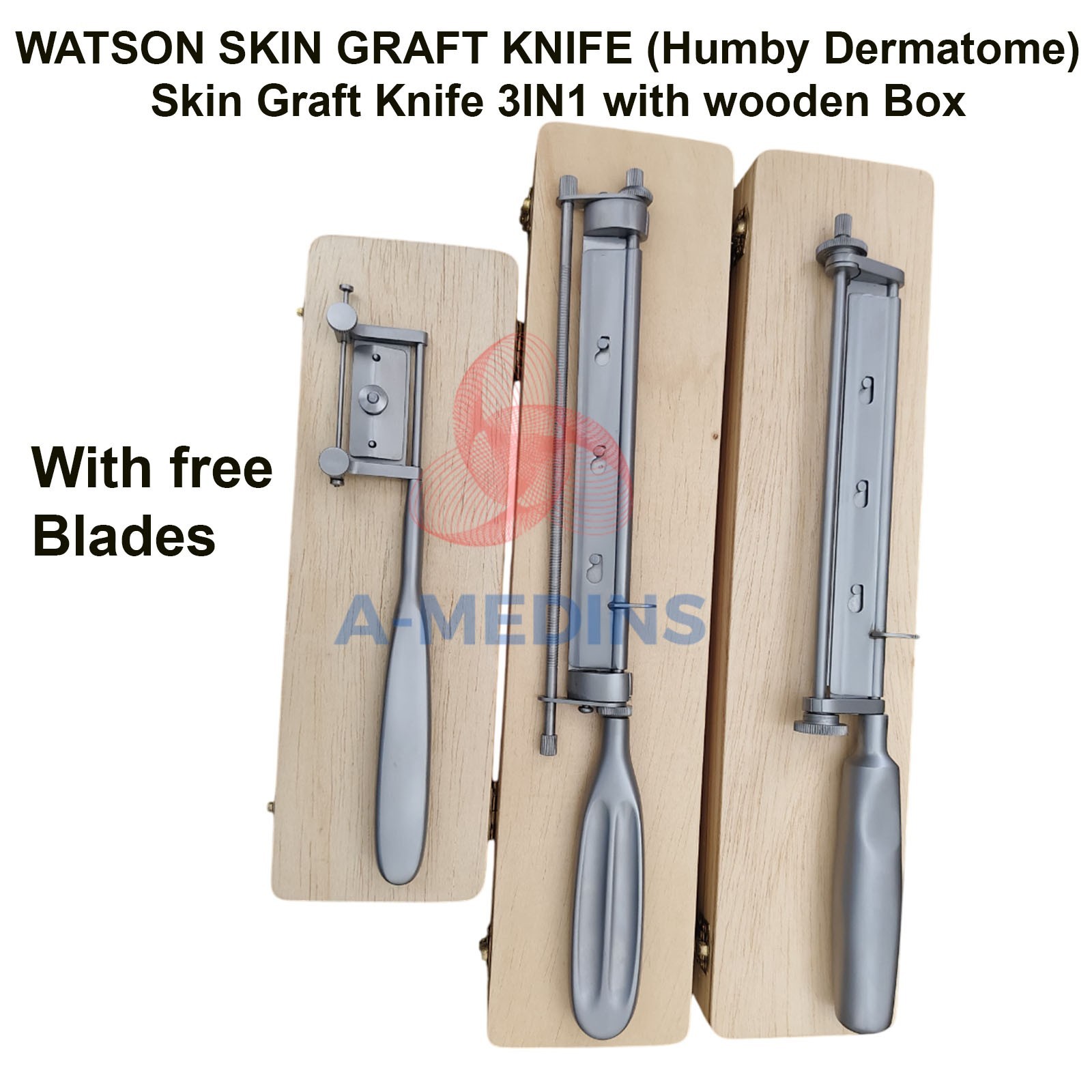 WATSON SKIN GRAFT KNIFE (Humby Dermatome) Skin Graft Knife 3IN1 with wooden Box