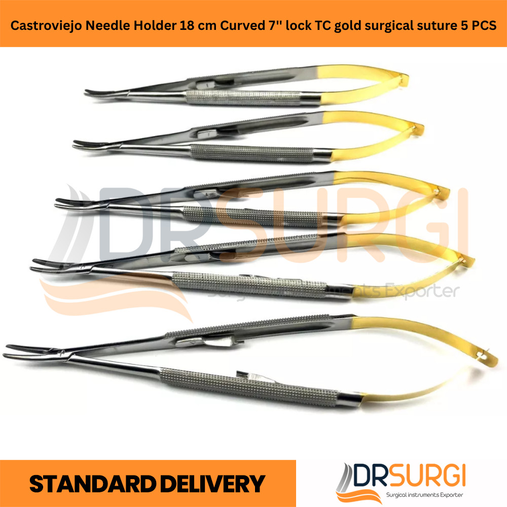 Castroviejo Needle Holder 18 cm Curved 7” lock TC gold surgical suture 5 PCS