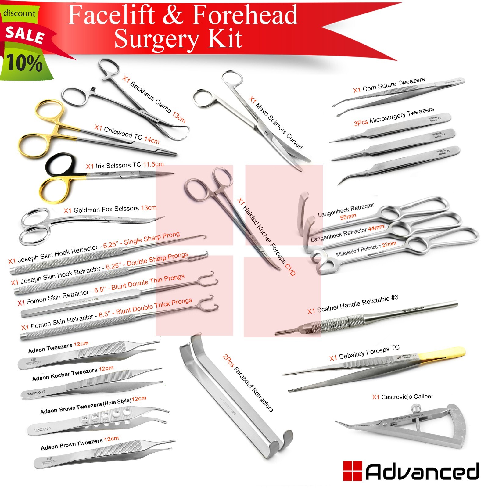 Plastic Surgery Facelift & Forehead Lift Instruments Set Retractor Hook Forceps