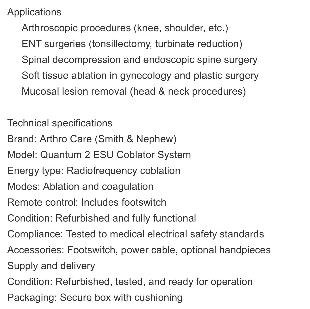 S&N ArthroCare Quantum 2 RF12000 ESU With FootPaddle (Wands Available)