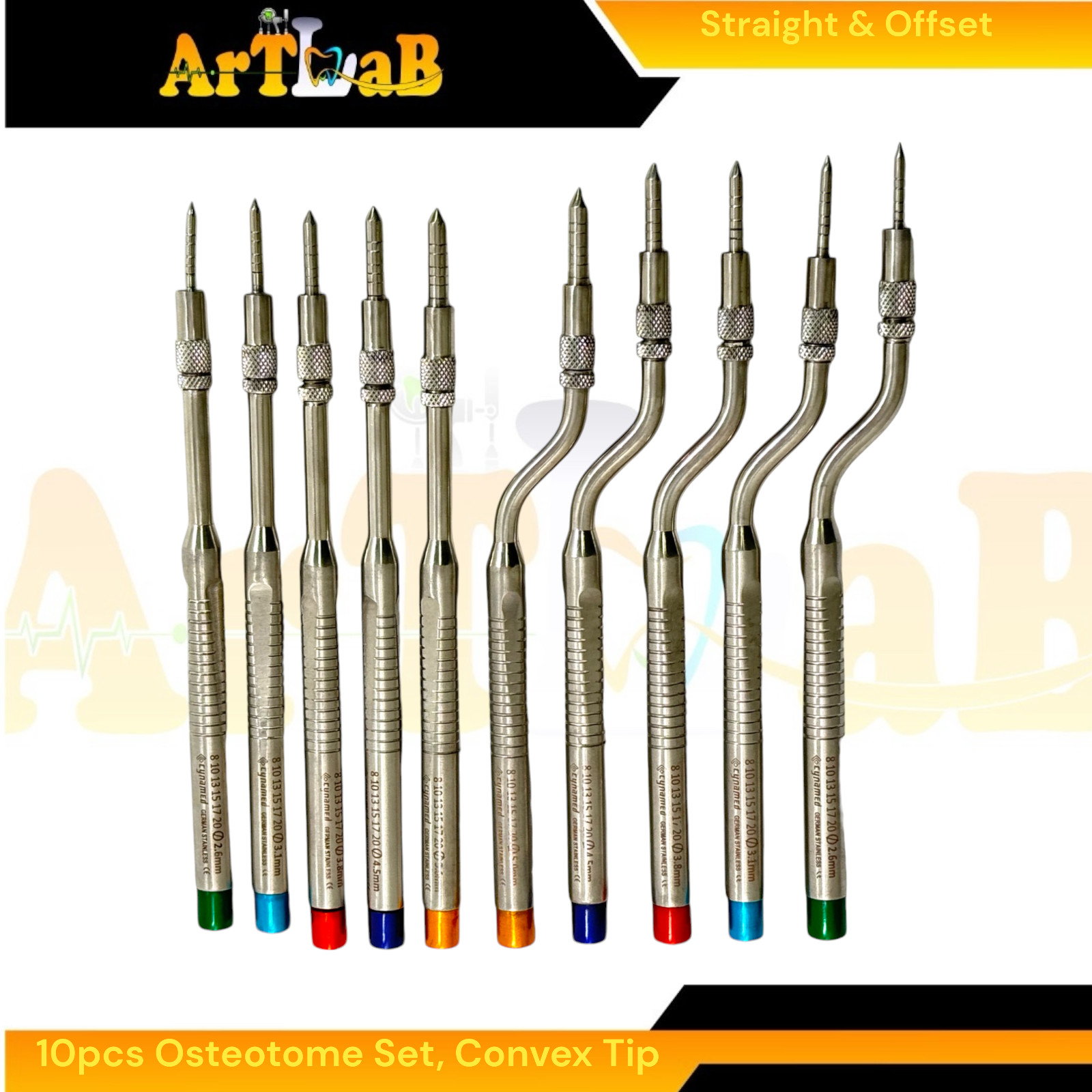 Convex Tip Adjustable Osteotomes, Color-Coded, Straight & Curved (10 Pack)