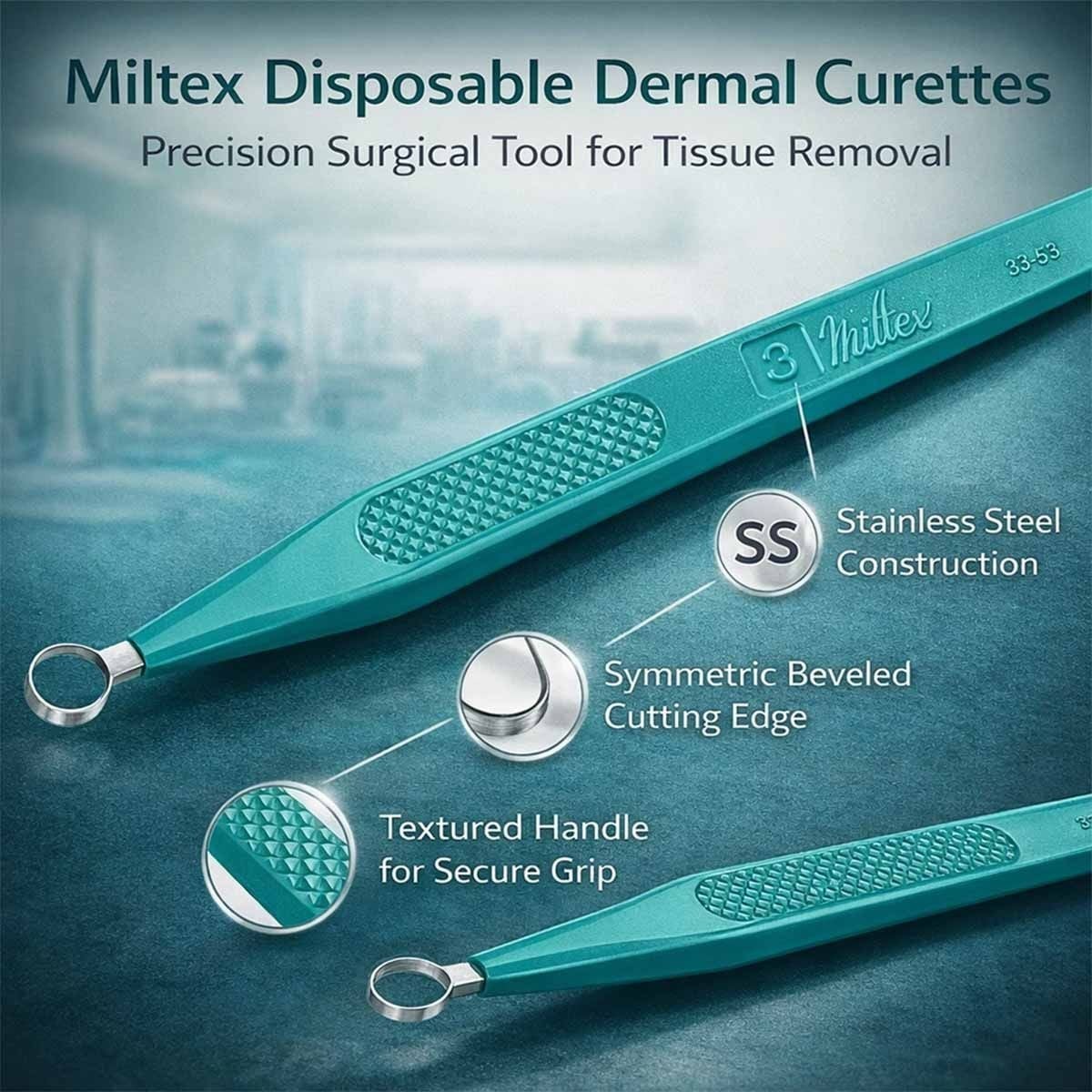 IntegraMiltex Dermal Curettes Flat Handle 5.5″ Stainless 7mm Tip Round Loop Tip