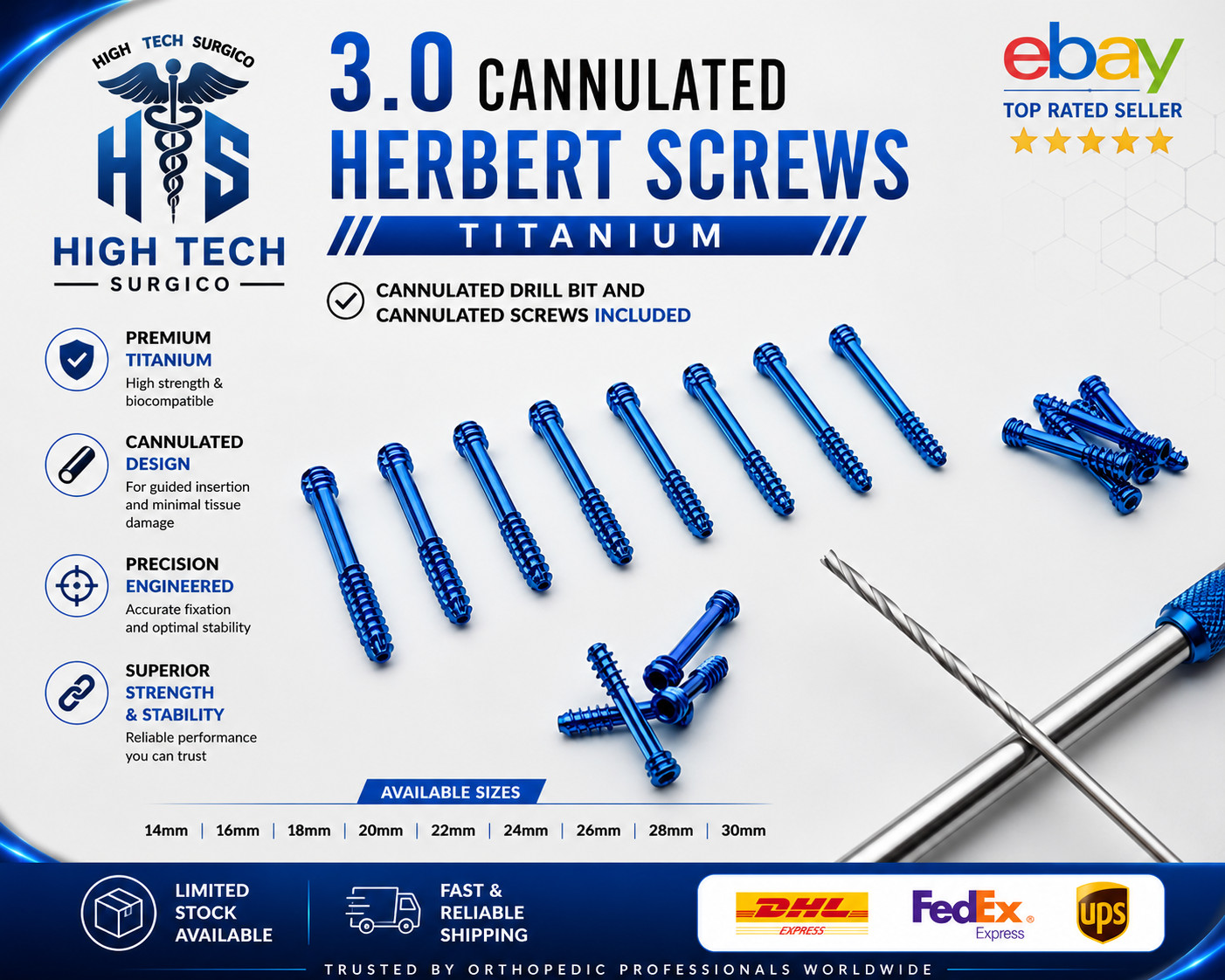 3.0mm HerBèrt Cannulatèd Screws Titanium 14-30mm Set of 29 Pcs + Driver & Bit