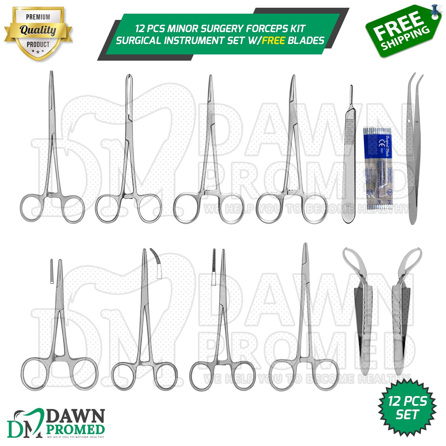 12 Pcs Minor Surgery Forceps Kit Surgical Instrument Set W/FREE Blades German Gr