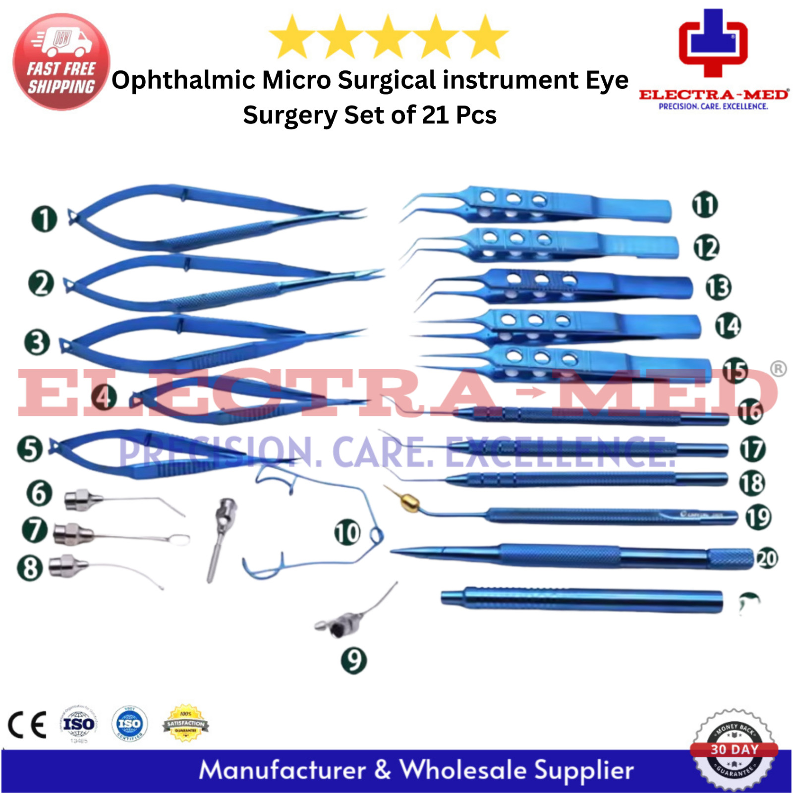 Ophthalmic Micro Surgical instrument Eye Surgery Set of 21 Pcs Titanium Coated