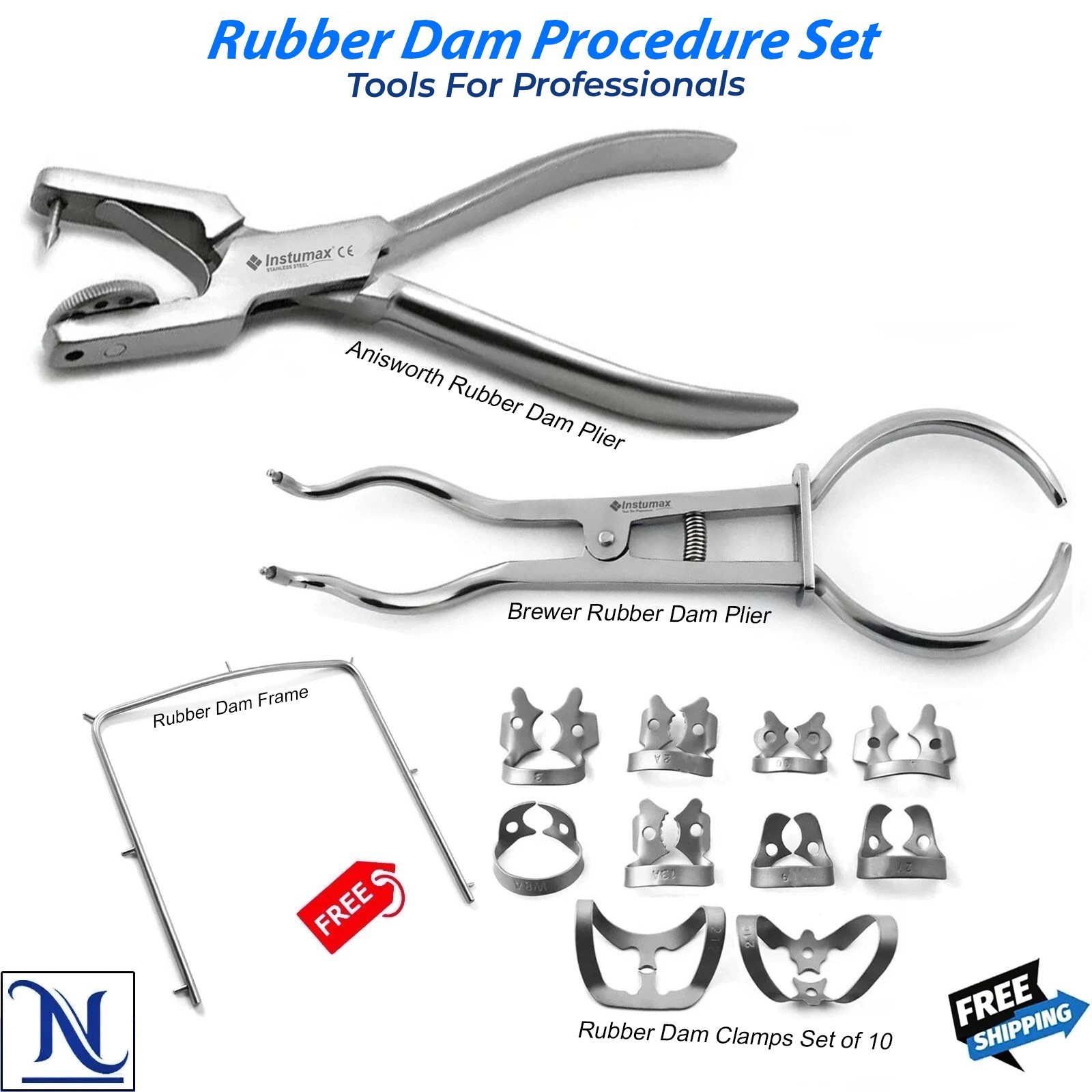 Rubber Dam Procedure Set Dental Instruments Clamp Forceps Stainless Steel Kit