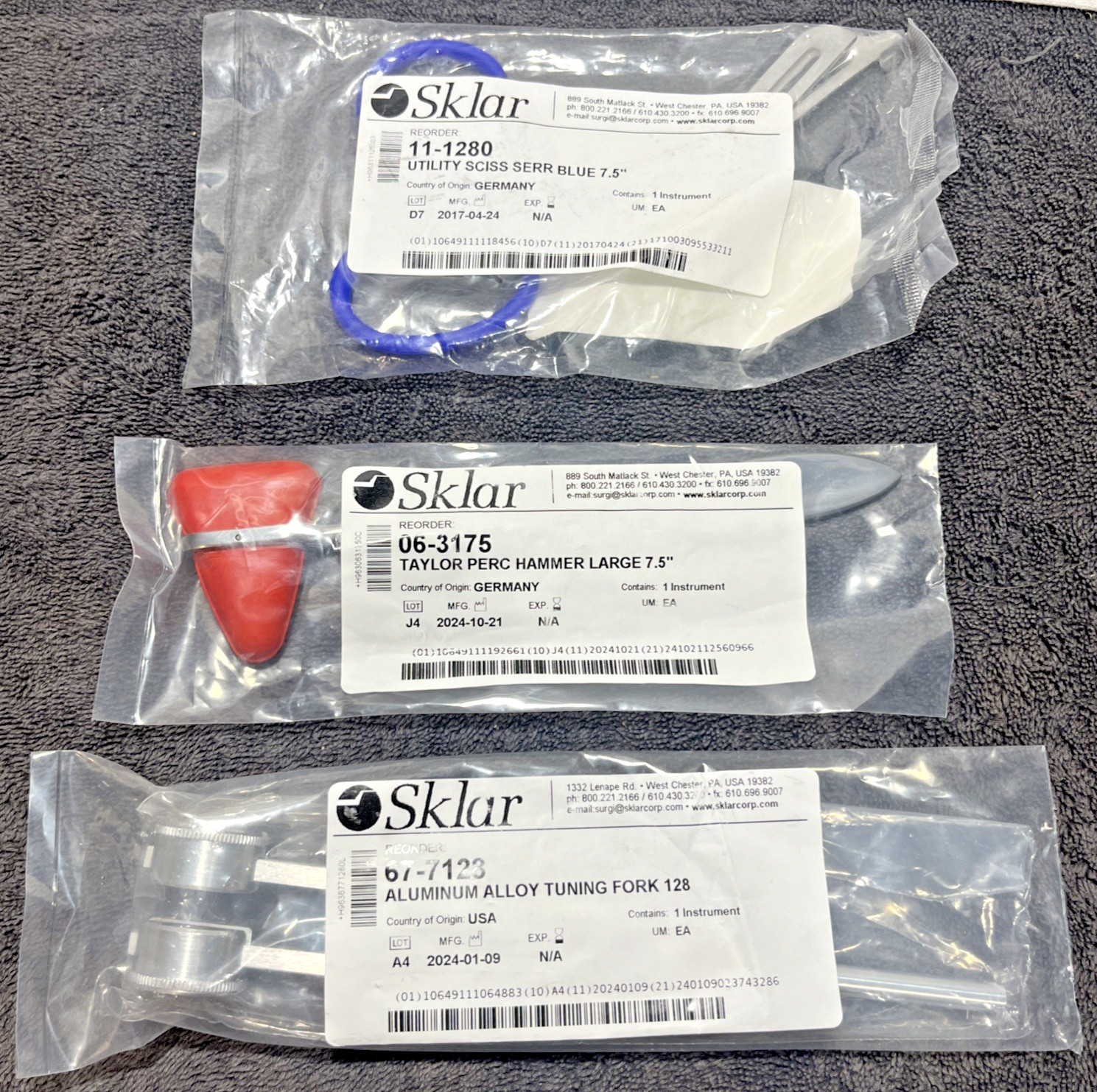 Sklar Corp Medical Equipment/ Lot Of 3/ Serr/perc Hammer/ Tuning Folk/ New/ Seal