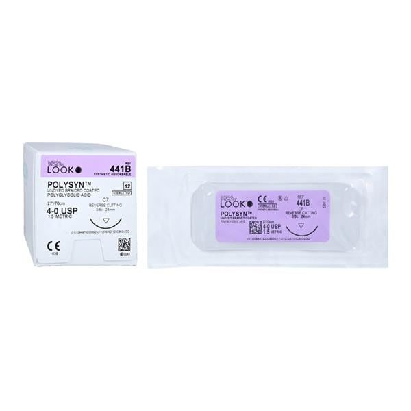 Look X441B Polysyn 4-0 Undyed Absorbable Sutures 27″ C7 3/8 Circle 24mm 12/Pk