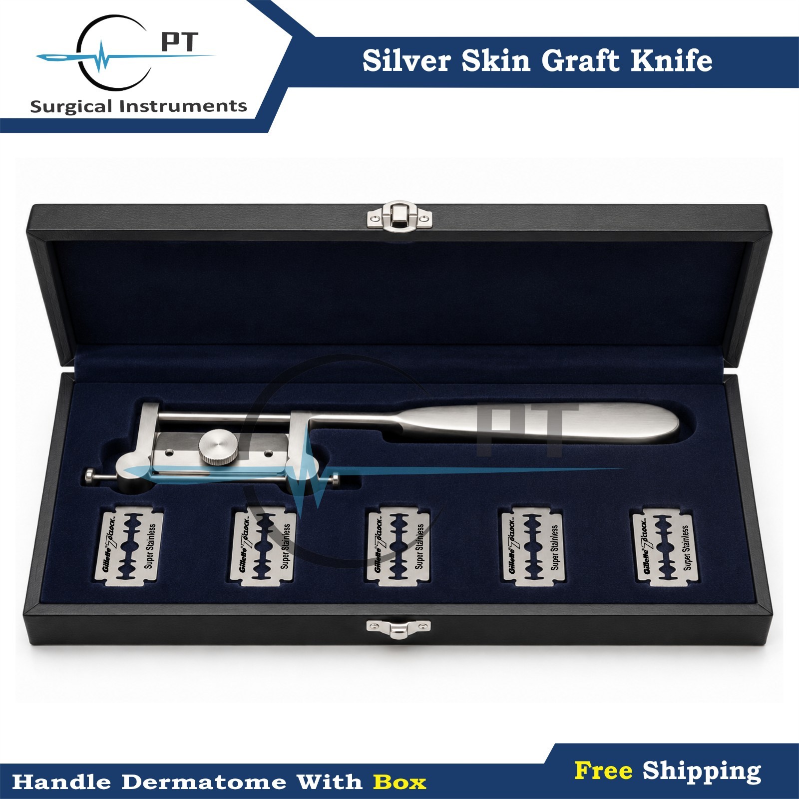 Silver Skin Graft Knife Handle Dermatome With Box & 5 Blades Surgical Instrument