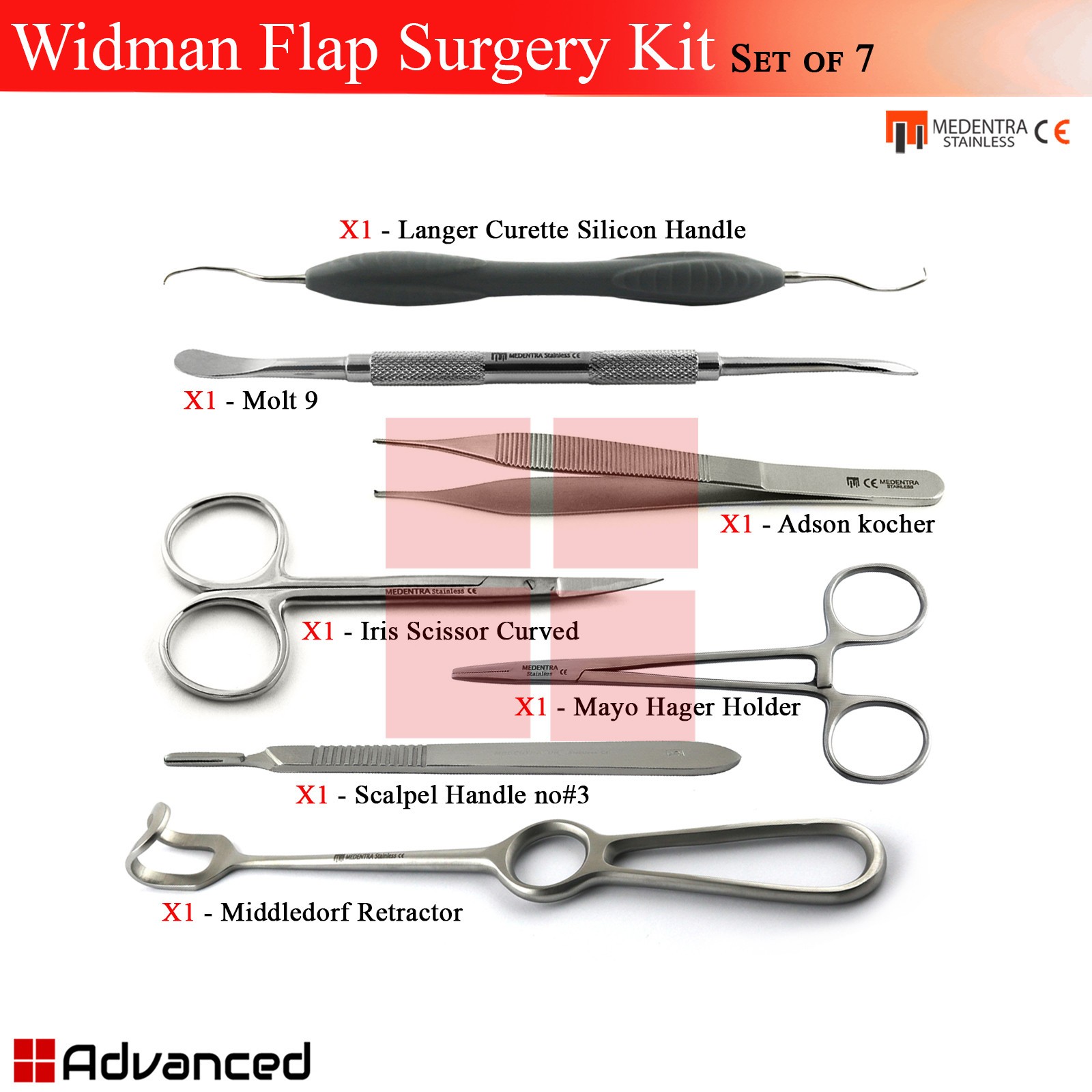Dental Widman Flap Surgical Kit Modified Molt 9 Scalpel Middledorf Retractor