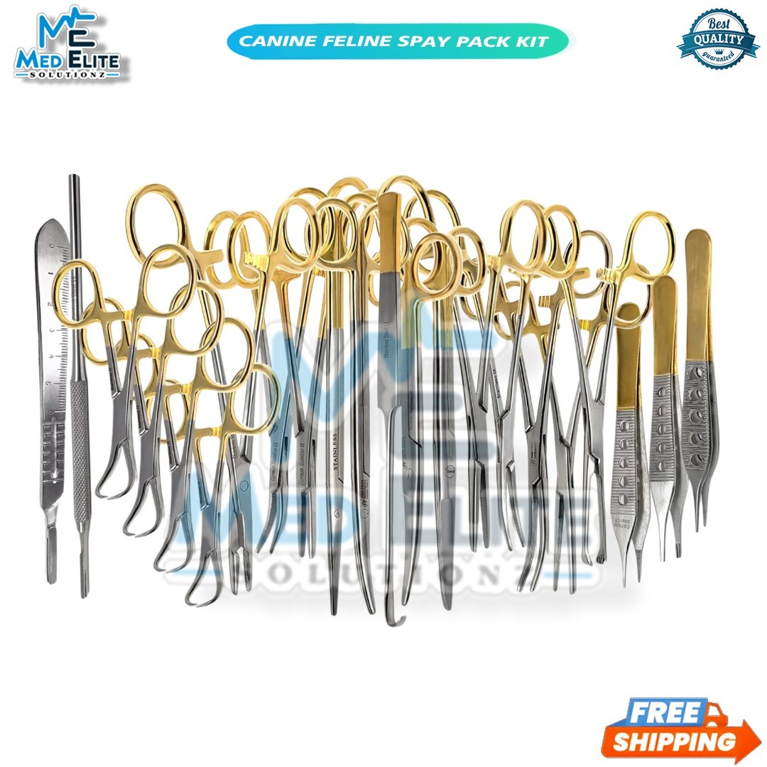 PREMIUM GRADE CANINE FELINE SPAY 22 Pcs PACK KIT GOLD HANDLE SET – STAINLESS CE