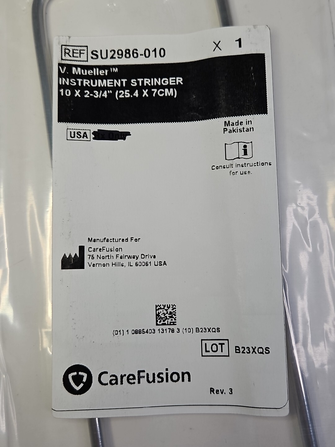 V Mueller SU2986-010 Instrument Stringer, Open U, 2-3/4″ x 10″