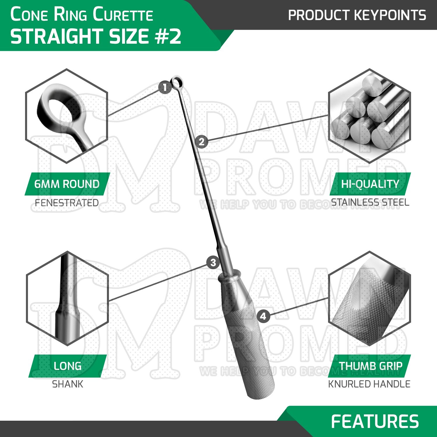 Cone Ring Curette 9″ Straight 6mm Size #2 Orthopedic Instruments German Grade