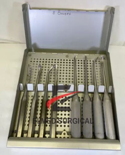 Set of 8 Zimmer 1128-01 Ultra Cut Cobb Gouges Set w Sterilization Case Ortho