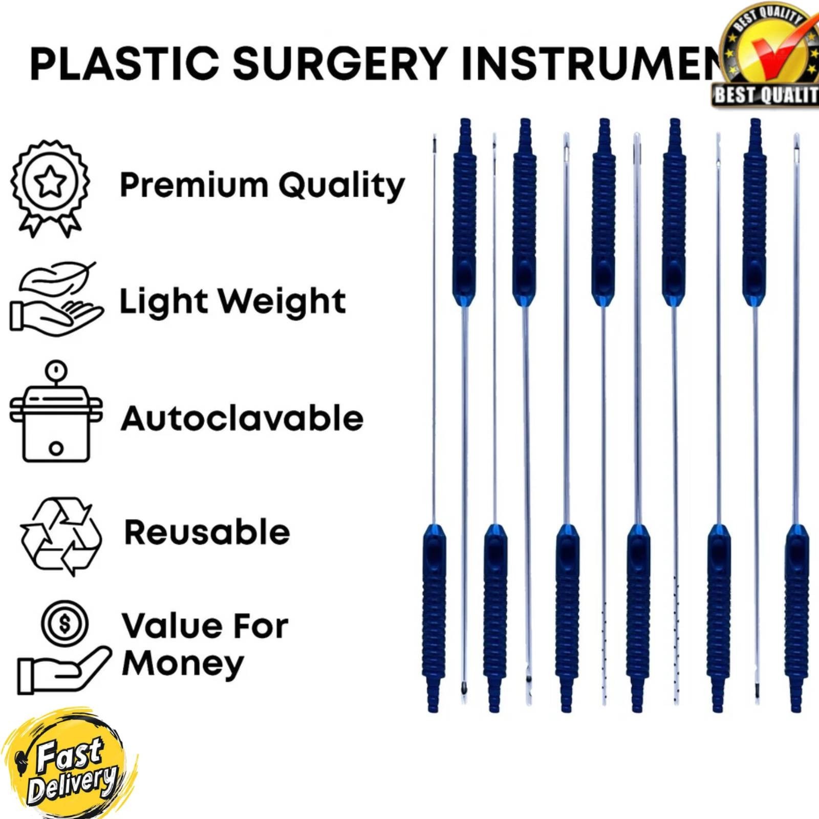 Liposuction Cannulas Fat Transfer Fixed Handle Cosmetic Surgery Kit 11 Pcs