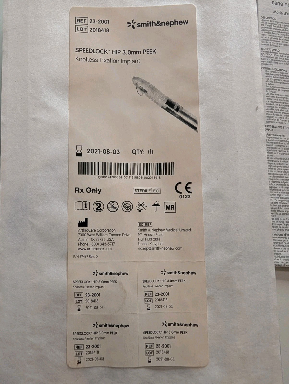 Smith & Nephew Speedlock HIP 3.0mm PEEK Knotless Fixation Implant 23-2001