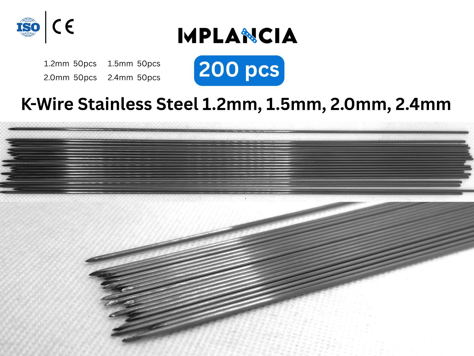 K-Wires Orthopedic Kirschner Wires Pins 200 Pcs Size 1.2mm, 1.5mm, 2.0mm, 2.4mm