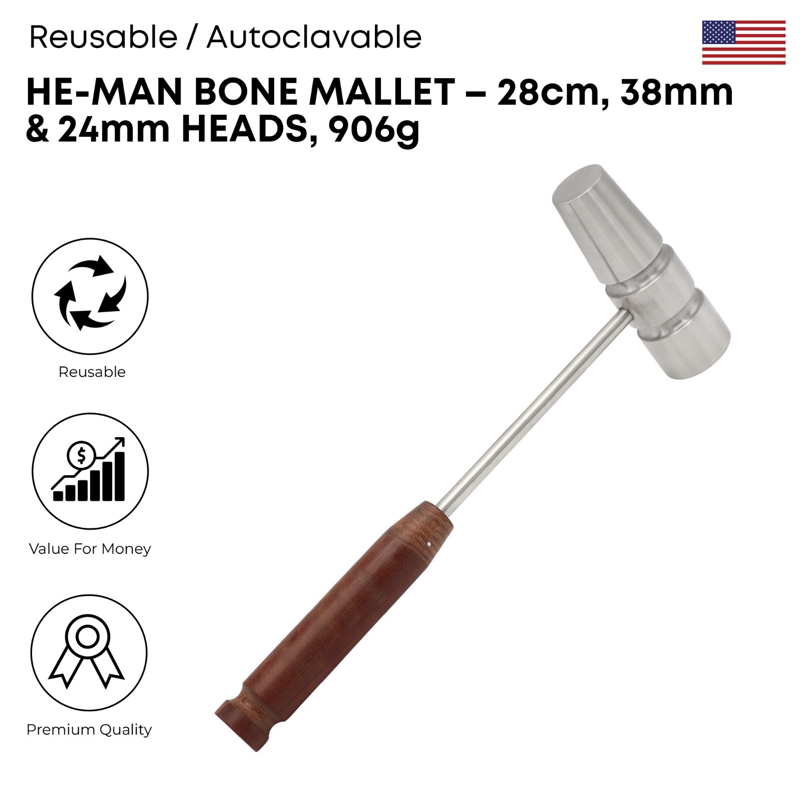 He-Man Bone Mallet 28cm 38mm & 24mm Heads 906g Premium Surgical Instruments