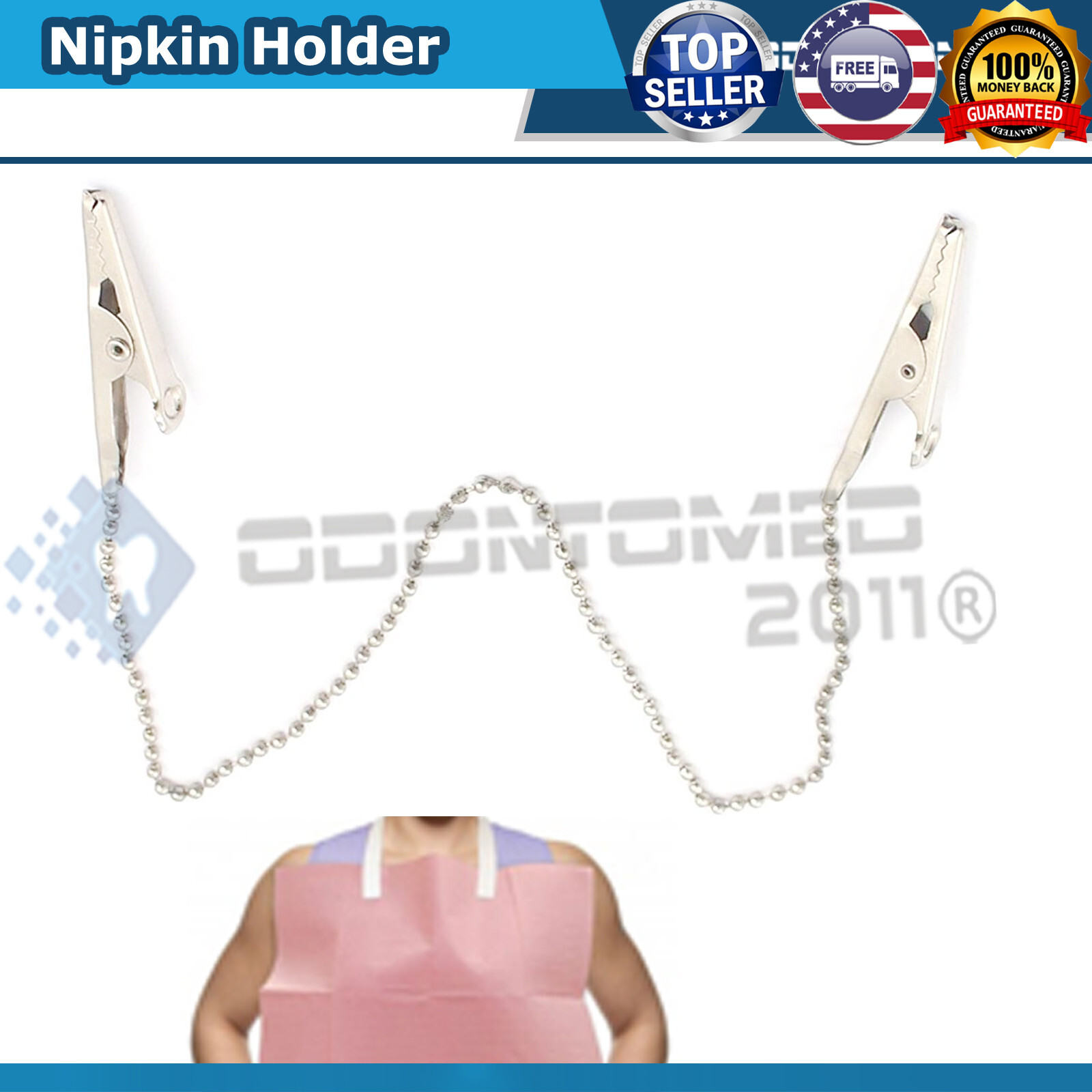 2 Dental Bib Clips Napkin Holder Flexible Ball Chain With Metal Balls 45cm