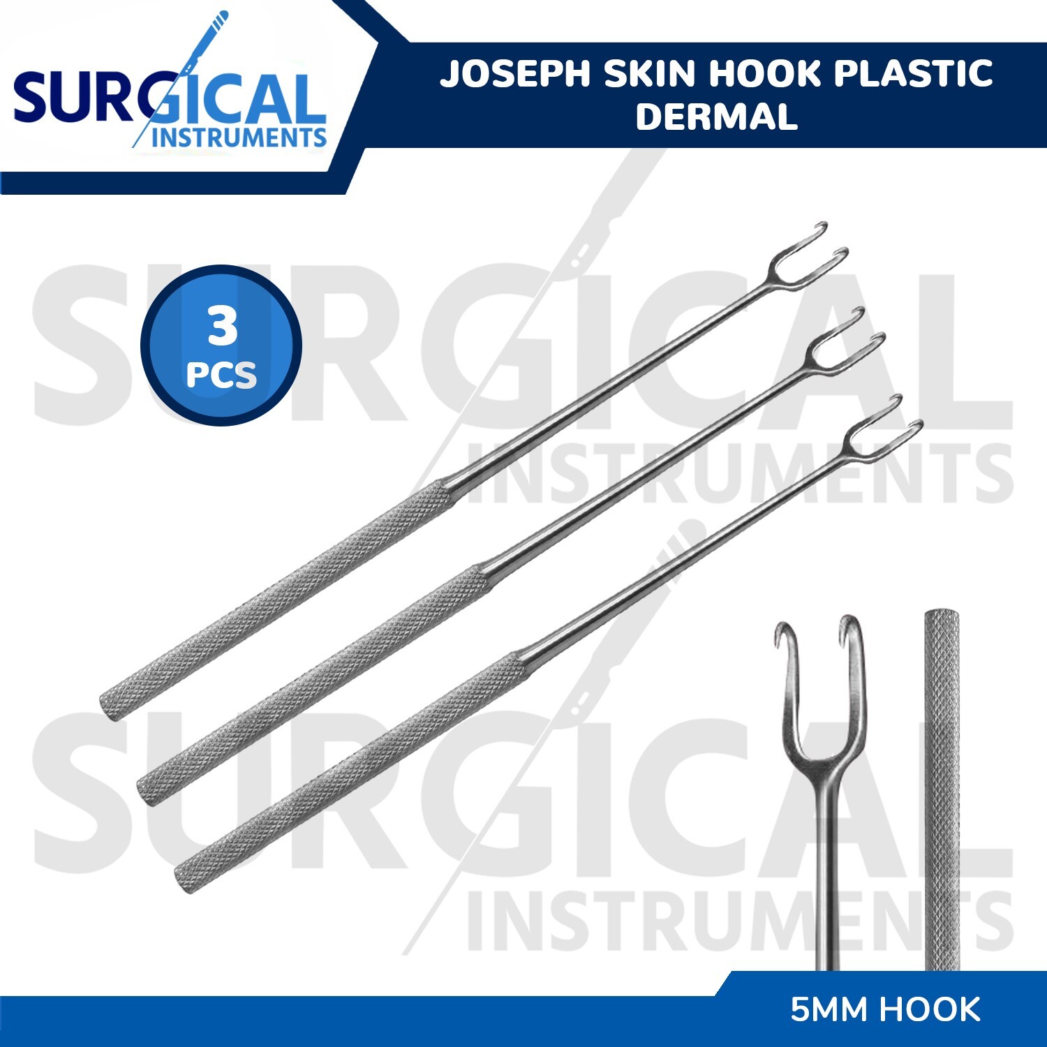 3 Joseph Skin Hook 5mm Set Double Sharp Prong Plastic Dermal Surgical Instrument