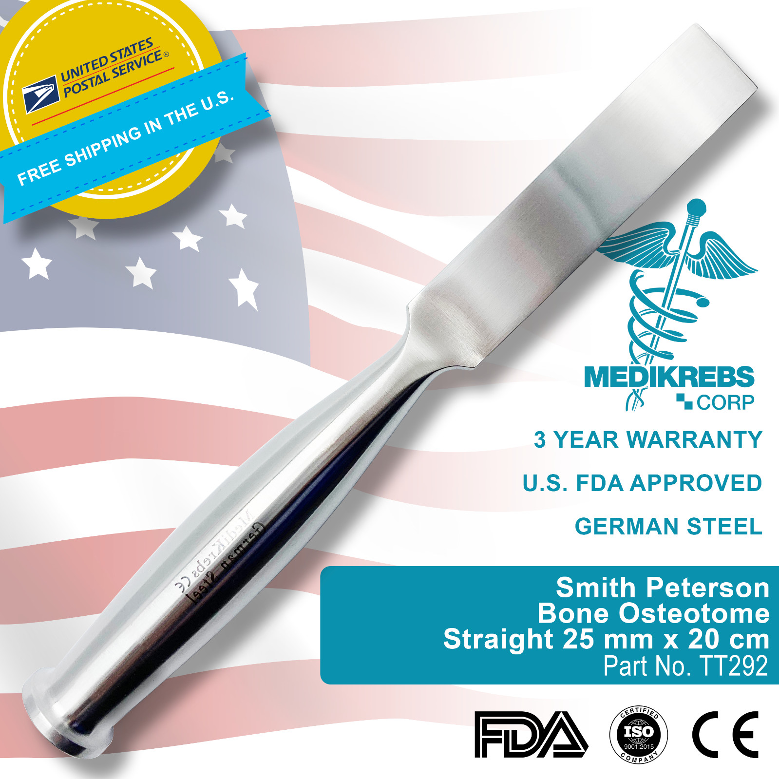 Smith Peterson Bone Osteotome Straight 25 mm x 20 cm OR Grade Surgical Instrumen
