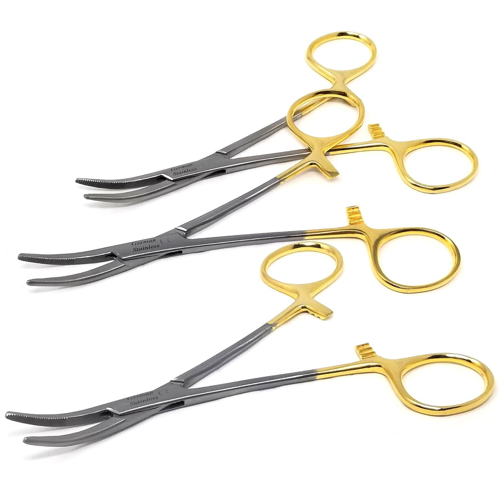 SET OF 3 O.R GRADE KELLY HEMOSTAT LOCKING FORCEP 5.5″ CURVED WITH GOLD HANDLE