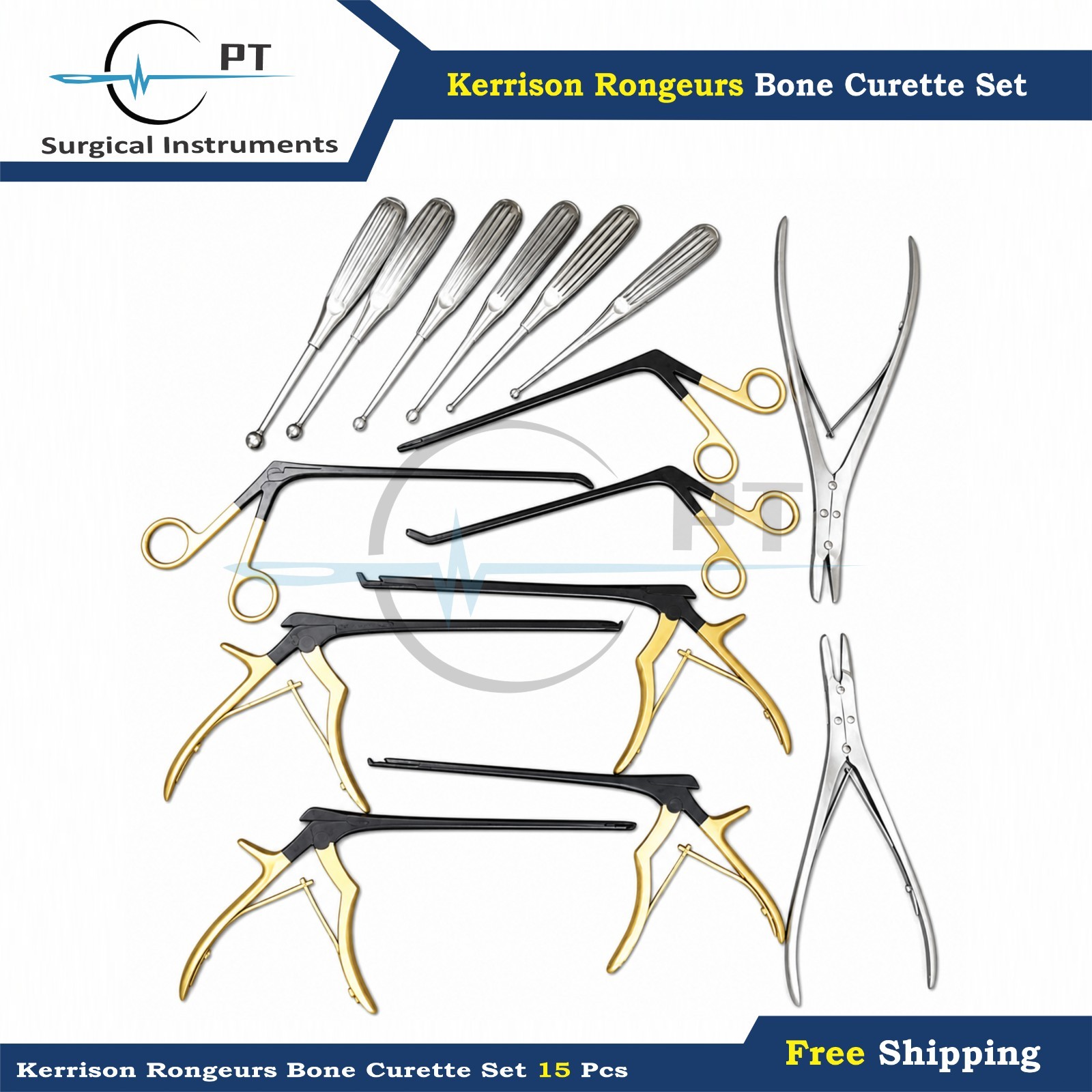 Kerrison Rongeurs Bone Curette Set Of 15 Pcs Surgical Orthopedic Instruments Kit