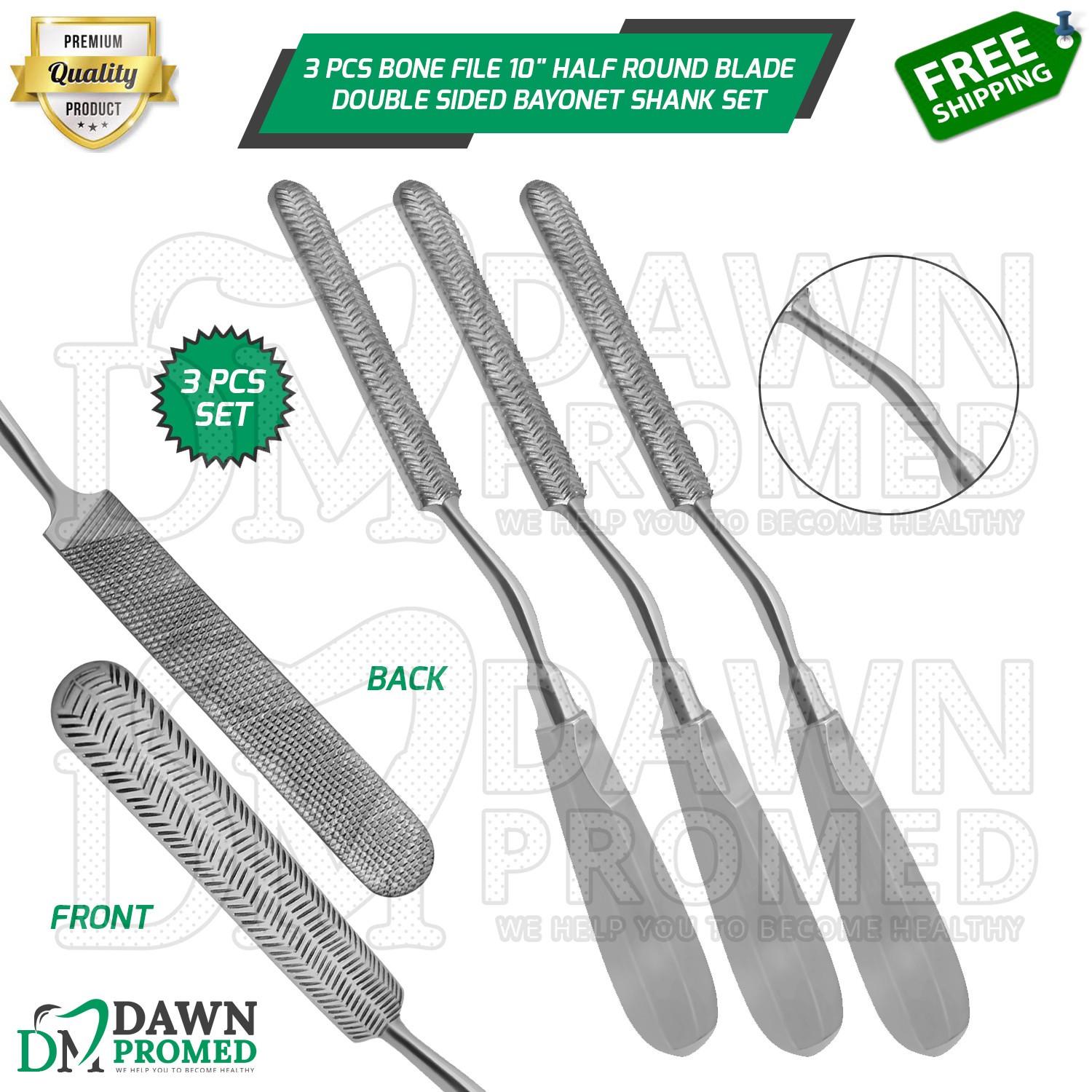 3 Pcs Bone File 10″ Half Round Double Sided Bayonet Shank Orthopedic Set