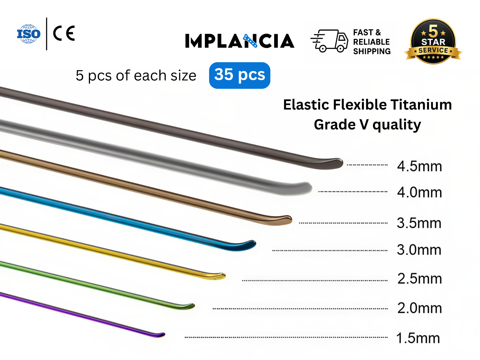 Elastic Flexible Nail 1.5, 2.0, 2.5, 3.0, 3.5, 4.0, 4.5mm Titanium V quality