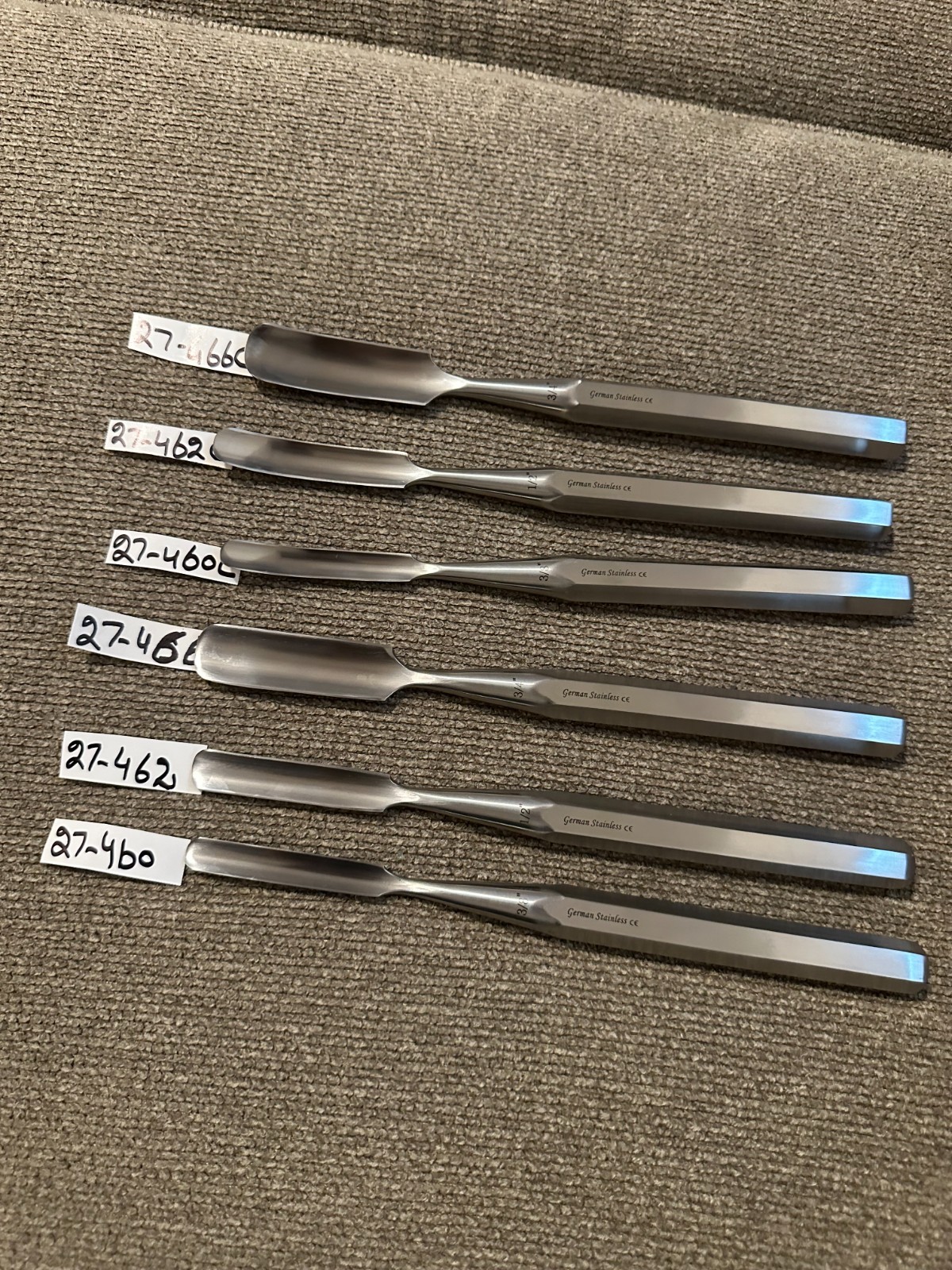 SET OF 6 PCS ORTHOPEDIC HIBBS GOUGES 9″ STRAIGHT & CURVED 3/8″,1/2″,3/4″ WIDE