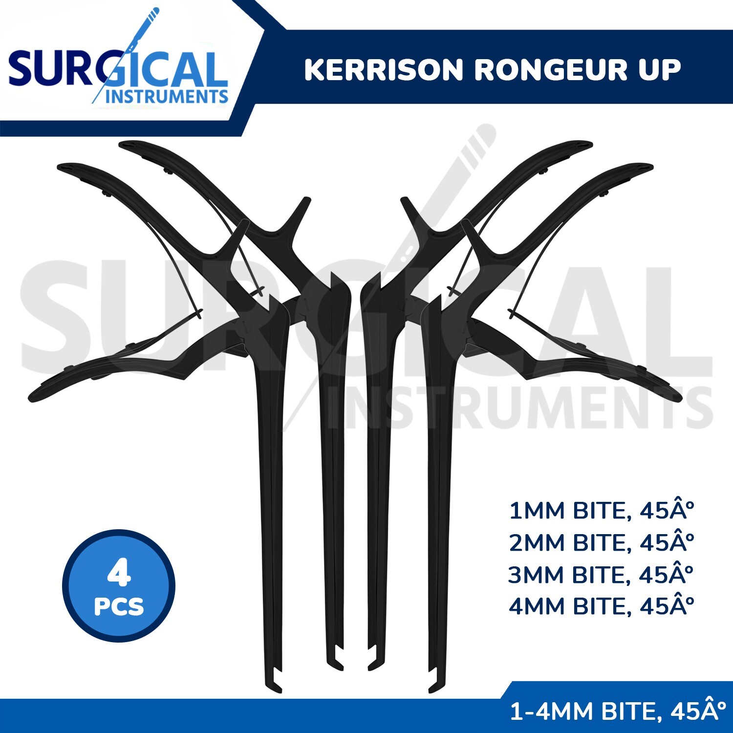 4 Pcs Kerrison Rongeurs 6″ Black (1, 2, 3, 4mm) 45 Degree Up Cervical German Gr