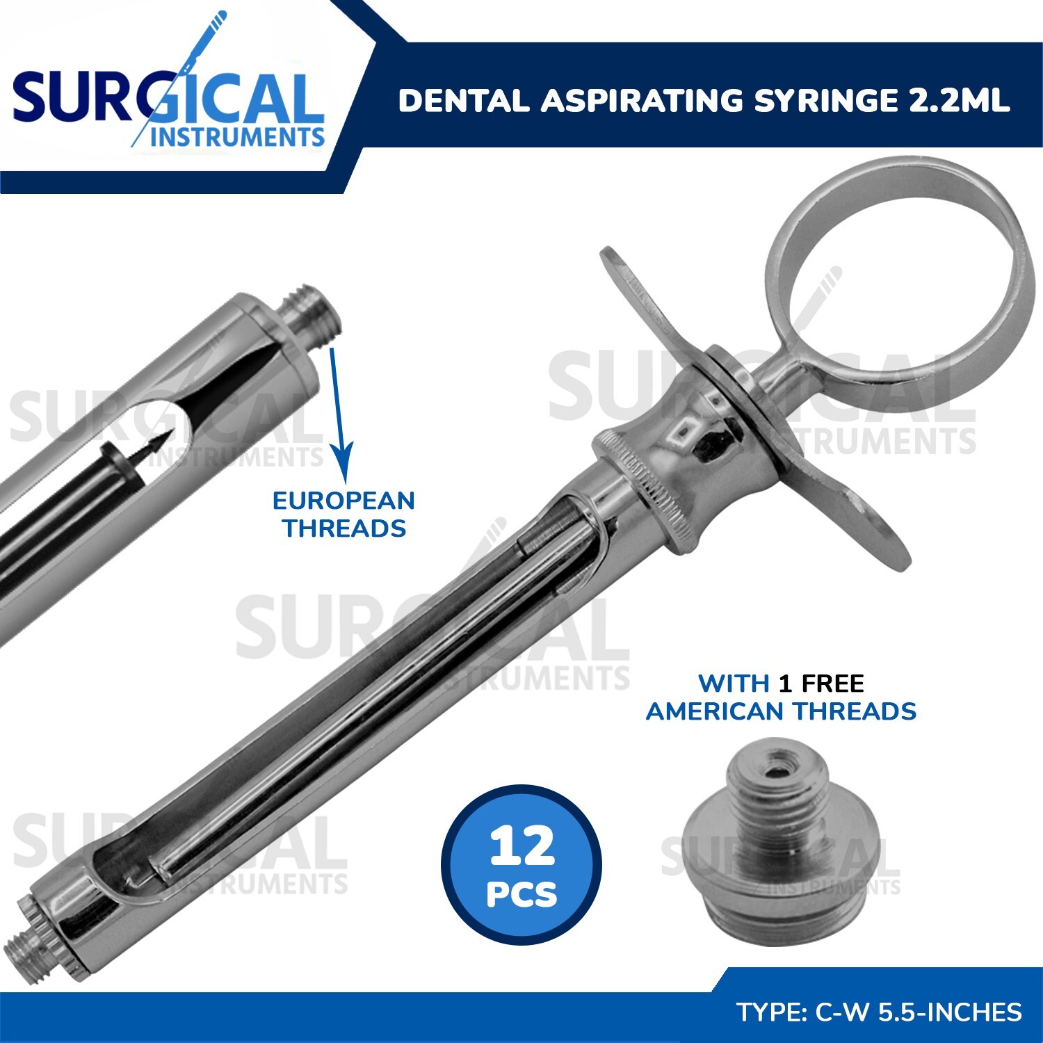 12 Pcs Dental Aspirating Syringe 2.2 CC. Dentist Surgical Instruments German Gr