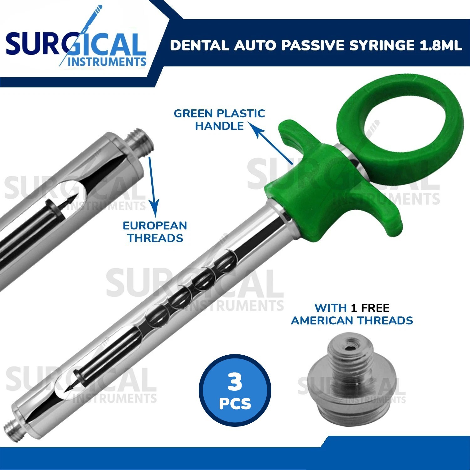 3 Pcs Dental Anesthetic Syringes 1.8ml Cartridge Auto Passive Green German Grade