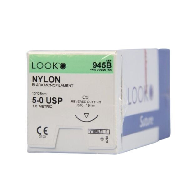 Look 945B Nylon Black Monofilament Reverse Cut Sutures C6 5-0 3/8 Circle 10″ 12P