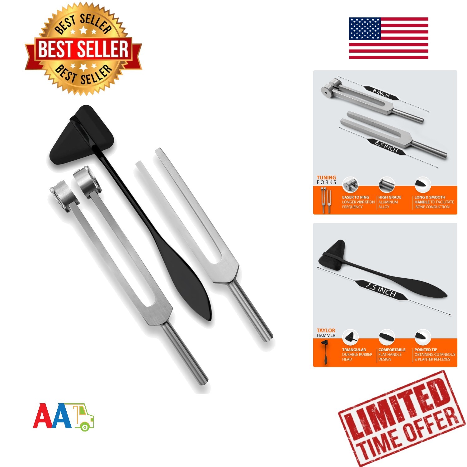 Medical Diagnostic Kit 3 Pcs Aluminum Tuning Forks C128 C512 & Hammer