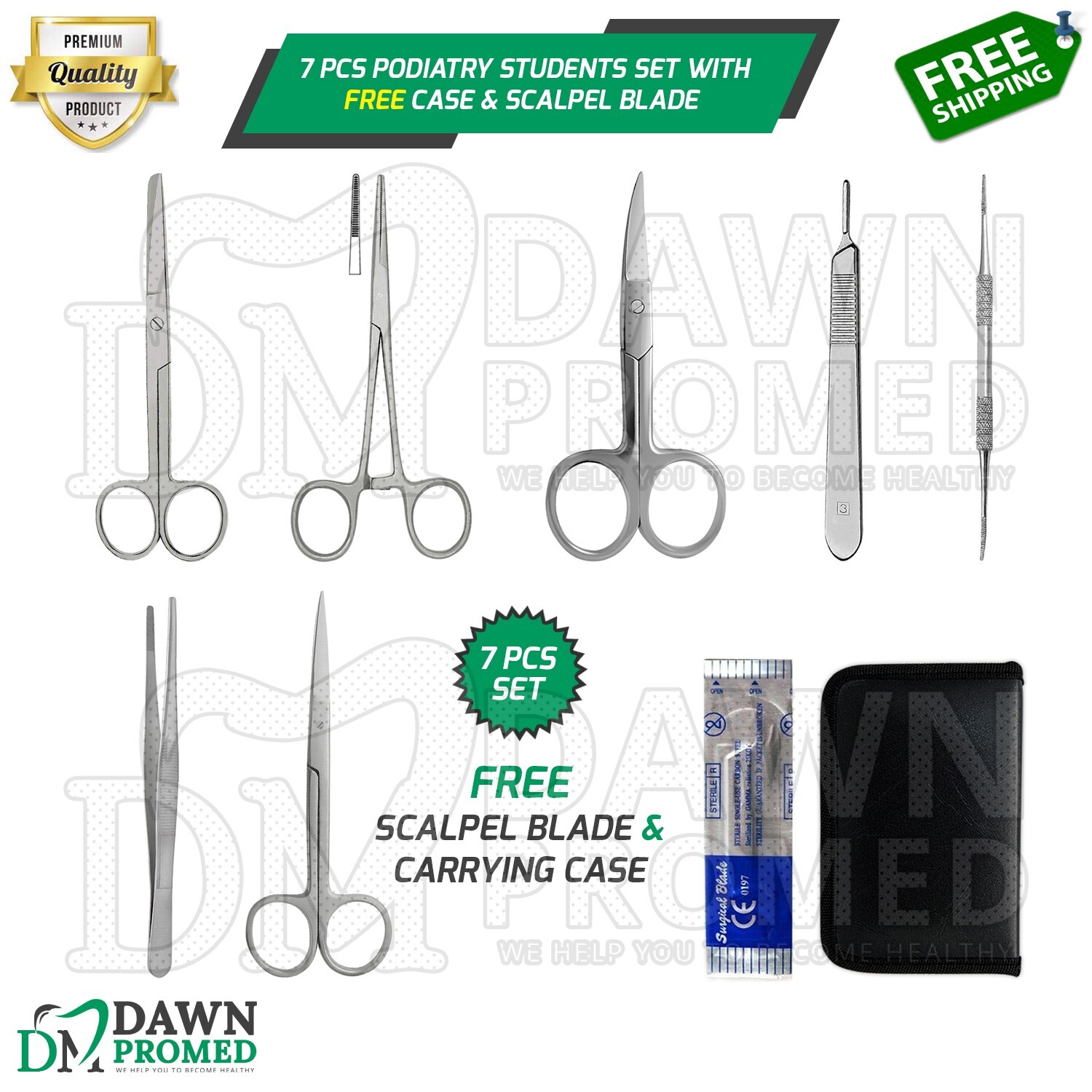 7 Pcs Podiatry Students Set With FREE Carrying Case & Scalpel Blade German Grade